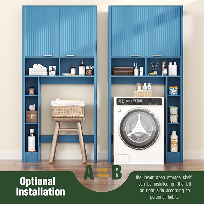 31" W Over The Toilet Storage Cabinet with Fluted Door, Blue Bathroom Organizer with Adjustable Shelf, Toilet Paper Holder Stand Wave Door for Restroom, Laundry Room