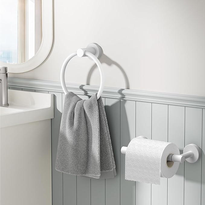FORIOUS Toilet Paper Holder Wall Mount, SUS304 Stainless Steel Double Post Pivoting Tissue Roll Holder and Hand Towel Ring Set for Bathroom, RV, Bathroom Hardware Accessories Set, White