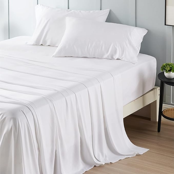 Bedsure California King Sheet Sets, Cooling Sheets, Rayon Derived from Bamboo, Deep Pocket Up to 16", Breathable & Soft Bed Sheets, Hotel Luxury Silky Bedding Sheets & Pillowcases, White