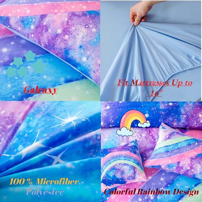 ANGIYUIN Tie Dye Blue Twin Size Comforter Sets for Kids Girls 6 Pieces Colorful Rainbow Bed in A Bag Pastel Gradient Galaxy Bedding Sets with Sheets, Comforter and Pillowcases for Teens Kids