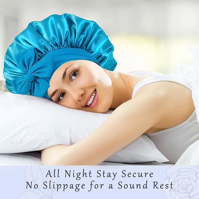 Bonnet with Tie Band, Satin Hair Silk Bonnet for Sleeping Women, Sleep Bonnets for Women, Double Layer Sleep Cap for Curly Hair Braids