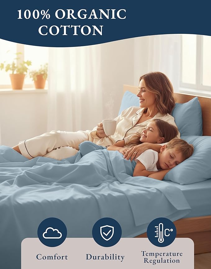 LANE LINEN 100% Organic Cotton Twin Bed Sheet Set, Mercerized Fully Elasticized Eco Friendly Sustainably Produced Bedding Sheets & Pillowcase Set, 15" Deep Pocket Twin Sheets - French Blue