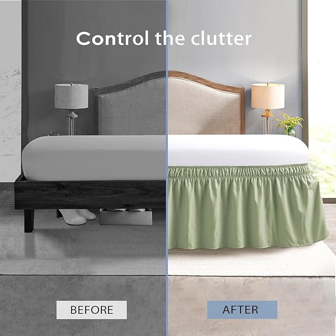 FreshCulture King Bed Skirt, Dust Ruffle for King Size Bed, Easy Fit with 15-Inch Tailored Drop, Elastic Wrap Around Bed Skirt King Size, Hotel Quality Bed Skirts for Adjustable Bed (Sage Green)