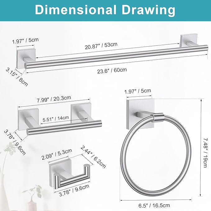 Brushed Nickel Bathroom Hardware Towel Bar Set, 5 Pieces Double Dase Toilet Paper Holder Bathroom Hardware Set, 23.6 Inch Stainless Steel Towel Racks for Bathroom Wall Mounted