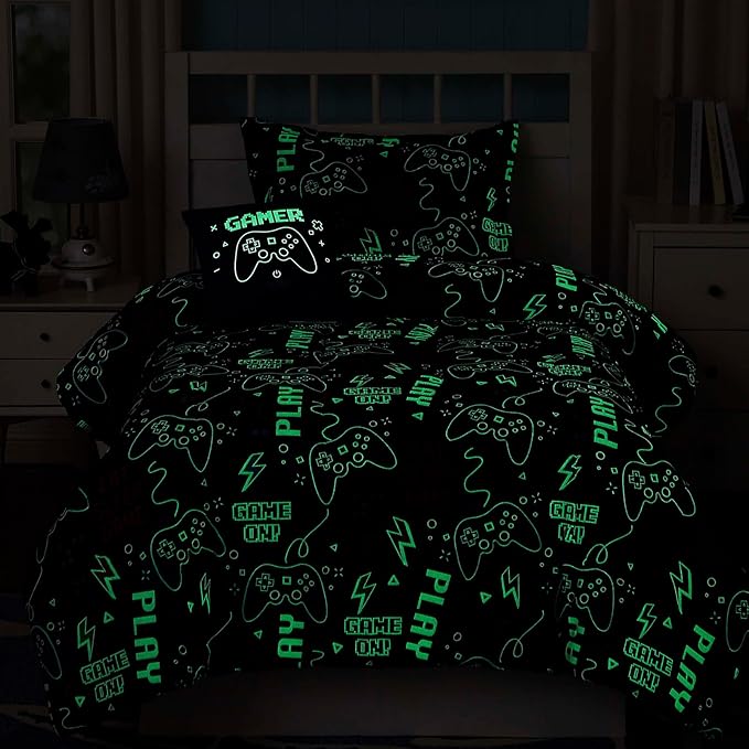 Twin Comforter Set for Boys-3 Pieces Gamer Glow in The Dark Twin Bedding Sets for Kids,1 Comforter,1 Sham and 1 Decor Pillow