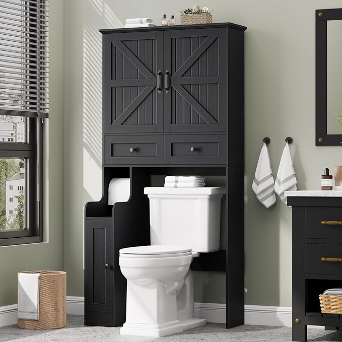 Over The Toilet Storage Cabinet, Storage Cabinet Over Toilet with Double Doors & Toilet Paper Holder Stand, Freestanding Toilet Shelf Space Saver with Anti-Tip Design & Adjustable Shelf, Black