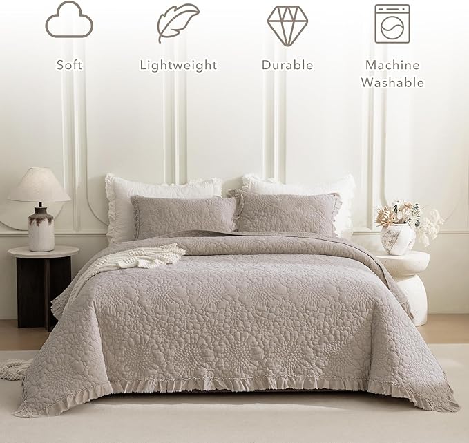 QSH 3PCs Stonewashed Cotton Quilt King (110"x98"),Linen Feel Ruffled Quilt King Size Bedding Set,Ultra Lightweight Soft Crinkled Bedspread Coverlet King Shabby Farmhouse Chic Bed Set for All Seasons