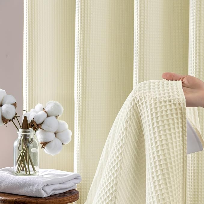 River Dream Cream Fabric Shower Curtain Set, Cotton Blend, Waffle Weave, with Snap in Replacement Liner，71 x 86 inches