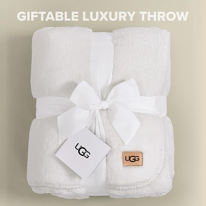 UGG Plush Twin Blanket, Soft Cozy Fleece Blanket for Bed, Luxury Fluffy Oversized Throw for Couch, Washable Hypoallergenic Cute Room Decor, 66" x 90", White Snow (Whitecap)