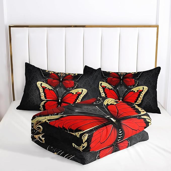 Red and Gold Butterfly Comforter Sets Queen Size Bed Set，Gothic Queen Size Bedding Set，with 1 Comforter with 2 Pillow Case，Butterfly Themed Bedroom Decor