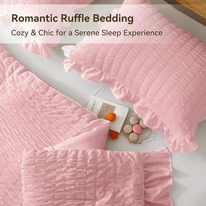 JOLLYVOGUE Pink Seersucker Queen Comforter Set, 3 Pieces Bed in a Bag Comforter Set, Lightweight & Fluffy Bedding Sets Queen for All Season with 1 Ruffle Comforter and 2 Ruffle Pillowshams