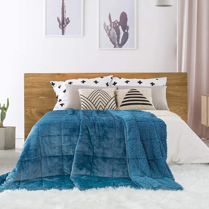 Sivio Sherpa Fleece Weighted Blanket for Adult, 15lbs Fuzzy Throw Blanket with Soft Plush Flannel, Reversible Twin-Size Super Soft Extra Warm Cozy Fluffy Blanket, 48x72 Inch Dual Sided Slate Blue