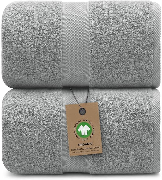 100% Organic Luxury Bath Sheets - GOTS Certified - Extra Large 35x70 Inches (Pack of 2) Zero-Twist, Long-Staple Cotton Bath Sheet Set (Pewter Grey)