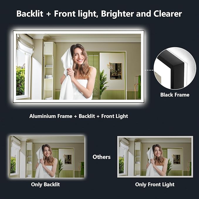 72x40 Inch LED Bathroom Mirror with Lights (Front Lit and Backlit) Black Framed Lighted Vanity Mirror for Bathroom Wall Dimmable Anti-Fog Memory Tempered Glass Horizontal/Vertical