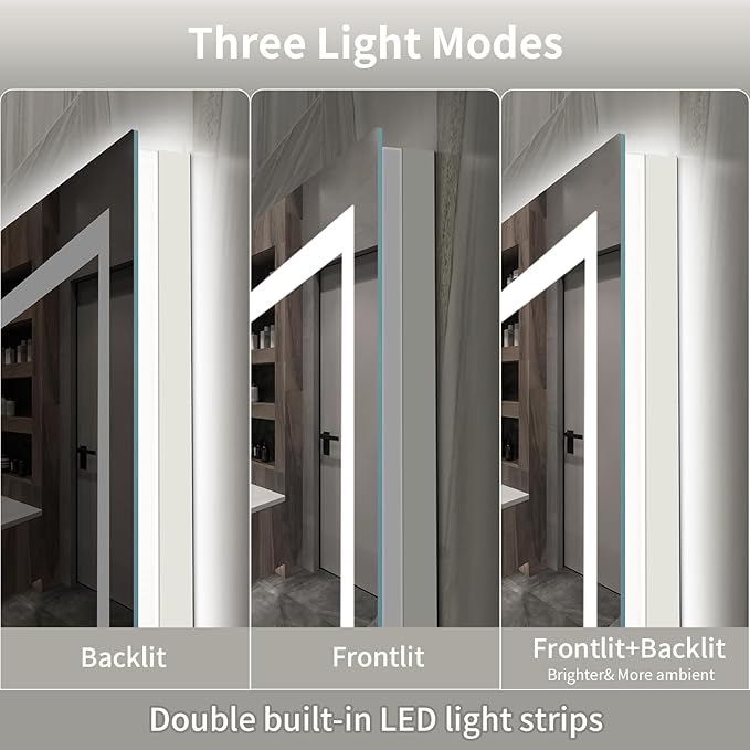 LED Mirror for Bathroom, 55x36 Inch Backlit + Front Lighted Bathroom Vanity Mirror with Lights, Double Light Strips, 3 Colors, Shatter-Proof, Anti-Fog and Brightness Memory