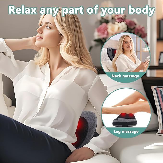 Shiatsu Neck and Back Massager with Heat - Deep Tissue Massage Pillow for Neck, Back & Shoulders Pain Relief, Ergonomic Design Electric Massager for Home, Car, Office Use, Gray