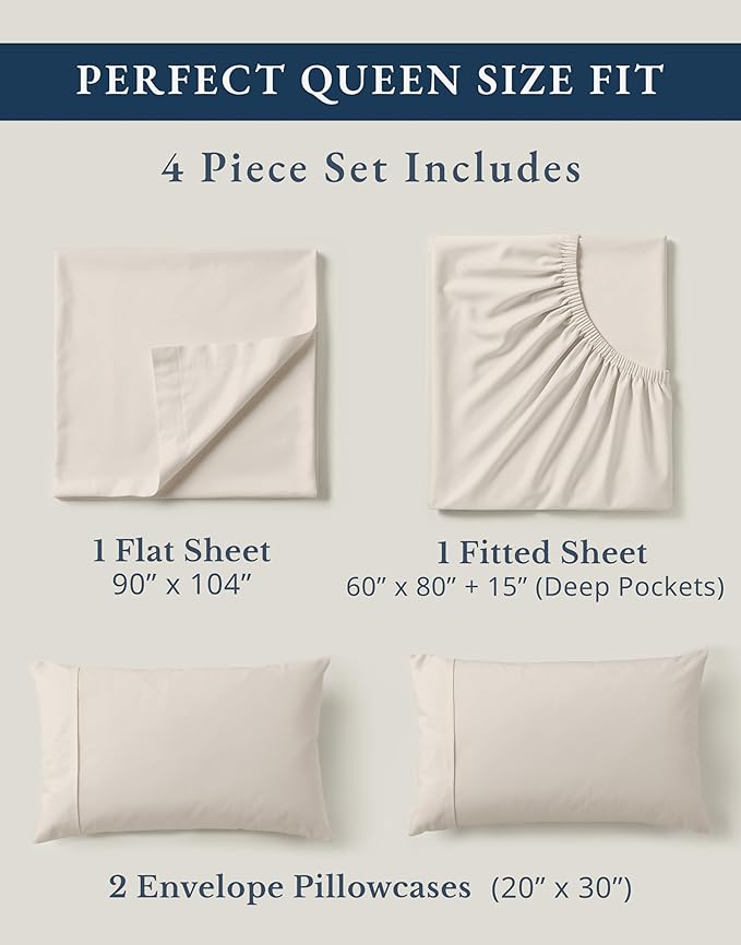 LANE LINEN 100% Organic Cotton Queen Sheet Set, 4Pc Cotton Sheets Queen Size Bed Set, Soft Percale Weave, Deep Pocket Queen Sheets, Hotel-Quality Bed Sheets Queen Size - Glacier Grey
