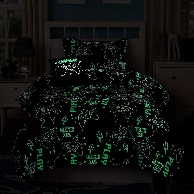 Full Size Comforter Set for Boys-4 Pieces Gamer Glow in The Dark Full Bedding Sets for Kids, 1 Comforter, 2 Shams and 1 Decor Pillow