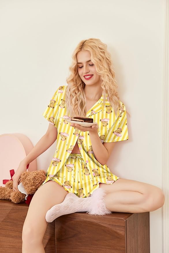 Ekouaer Womens Satin Pajamas Set Button Down 2 Piece Silk Pjs Shorts Set Ruffle Lingerie Notch Collar Sleepwear