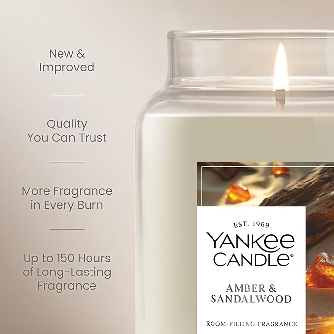 Yankee Candle, Amber & Sandalwood Fall Scented Candle, 22oz Large Jar with up to 150 Hour Burn Time