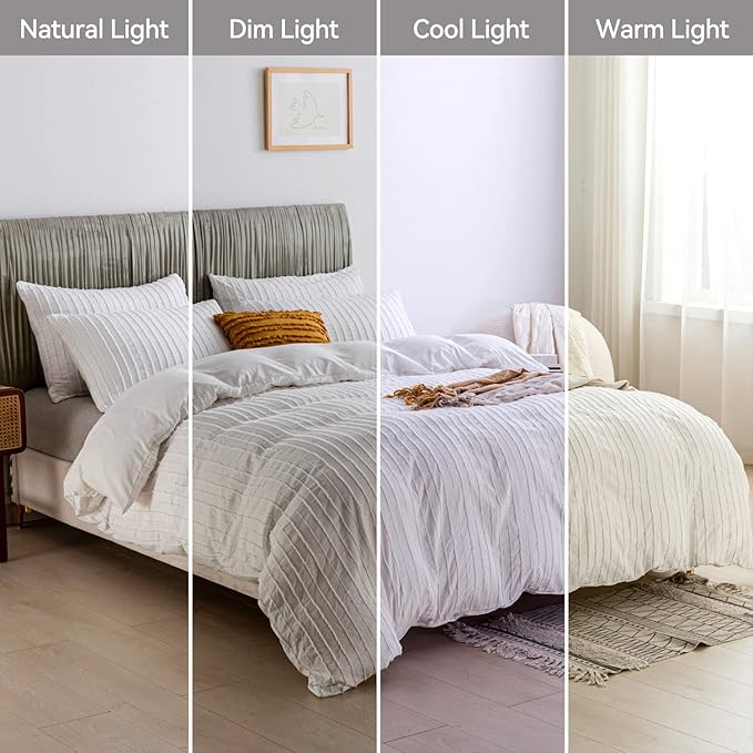 JELLYMONI Duvet Cover King Size Bright White - 3PCS Boho Striped Duvet Cover Set Polyester Tufted Bohemian Textured Comforter Cover 104×90in with Corner Ties & Zipper and 2 Pillowcases