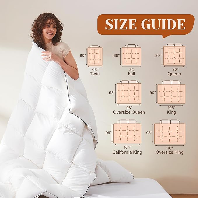 Goose Feather Down Fiber Cotton Comforter Oversize Queen Size, Ultra-Soft Duvet Insert, Hotel Collection White Quilted Comforter, All Season Bedding Comforter with 8 Corner Loops, 98x96 Inch