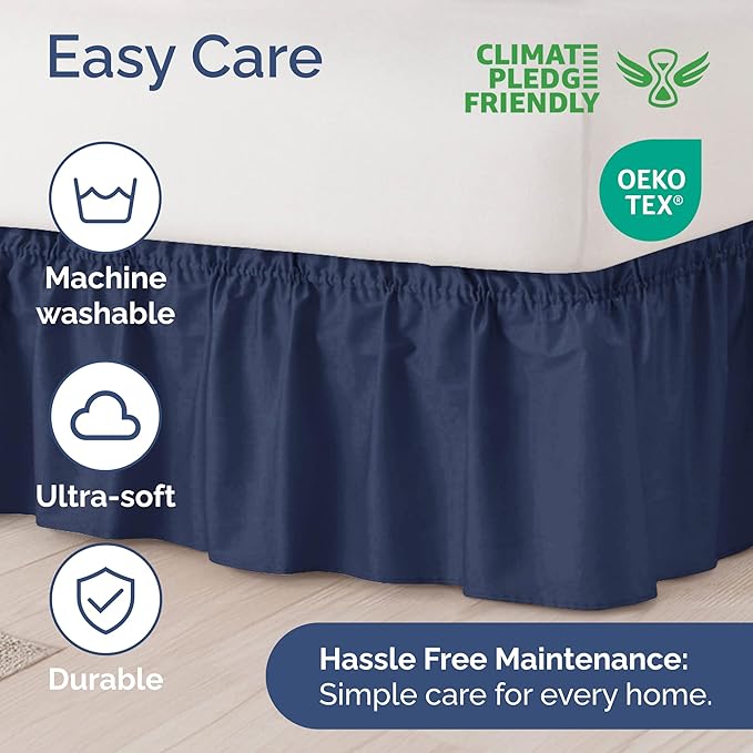Wrap Around Dust Ruffle Bed Skirt - Navy Blue - for Queen Size Beds with 15 Inch Drop - Elastic Strap - Adjustable Pleated Bedskirt with Brushed Fabric and Wrinkle Free - for Women, Men, Kids & Teens