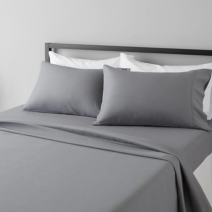Amazon Basics Lightweight Super Soft Easy Care Microfiber 4-Piece Bed Sheet Set with 14-Inch Deep Pockets, Queen, Dark Gray, Solid - Pack of 4