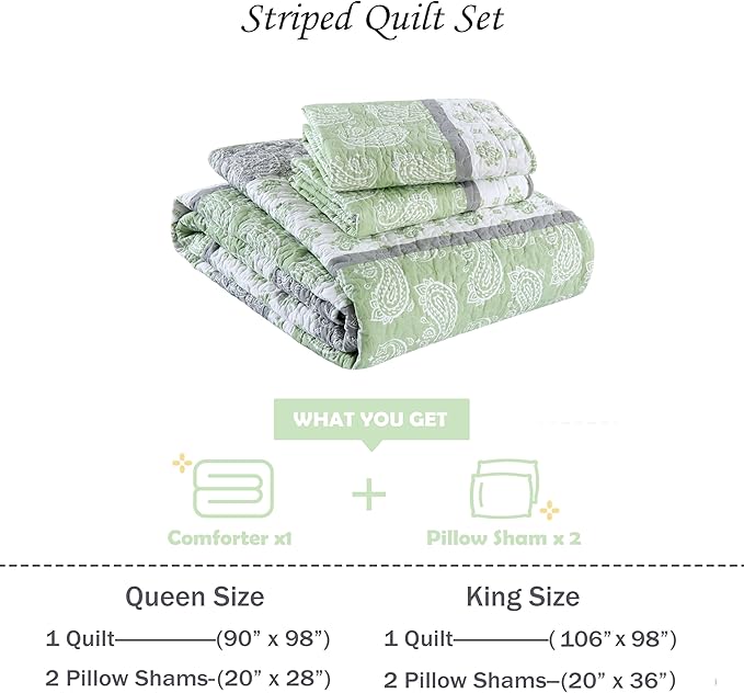Cotton Quilt King, Sage Green Comforter Set, Green/White/Grey Striped King Bedspread,Farmhouse Quilt Bedding Set, Luxury Lightweight 3 Piece