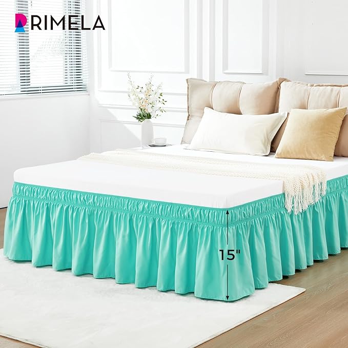 RIMELA Spa Blue Bed Skirt Queen Size 15 Inch Drop, Elastic Bed Skirting for Bed Base and Frame, Bedding Dust Ruffle Easy to Install, Lightweight Wrap Around Adjustable Bedskirt