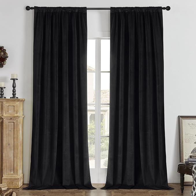 Joydeco Black 100% Blackout Curtains 90 Inch 2 Panels, Luxury Thermal Insulated Black Velvet Curtains for Bedroom Living Room, Soundproof Blackout Window Drapes, Rod Pocket & Back Tab (42W x 90L)