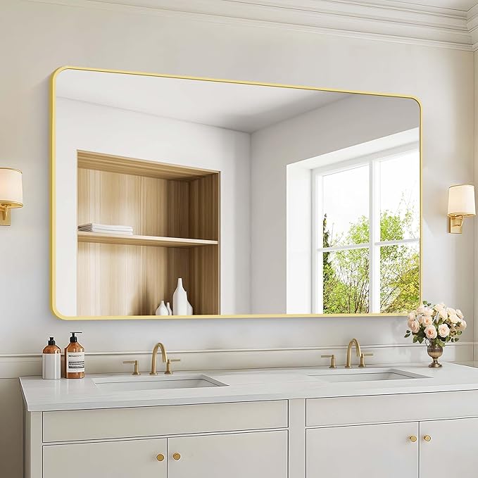 55"x36" Gold Bathroom Mirror, Large Rectangle Mirror, Rectangular Wall Mirror, Rounded Corner Vanity Mirror with Aluminum Metal Frame for Bathroom Bedroom Living Room Horizontal/Vertical