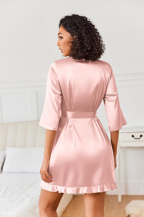 Ekouaer Women's Satin Robes Silk Kimono Bath Robe Short Ruffled Hem Bride Bridesmaid Sleepwear with Pockets