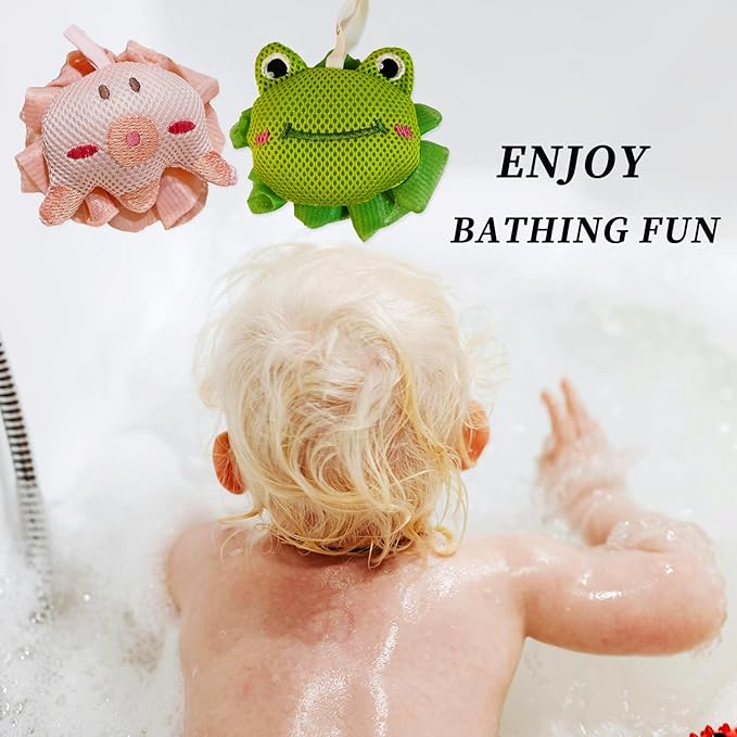 Shower Loofah Sponges for Kids,Cute Frog and Octopus Shape Toddler Bath Exfoliating Body Scrubber Mesh Loofahs Sponge[2 Pack],Designed for Baby Women Boys and Girl