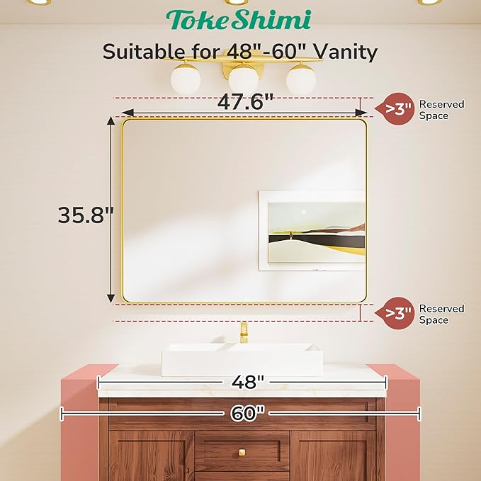 TokeShimi 48x36 Brushed Nickel Bathroom Mirror for Over Sink,Tempered Glass,Rectangle Mirror for Bathroom,Large Bathroom Mirror for Vanity(Horizontal/Vertical)