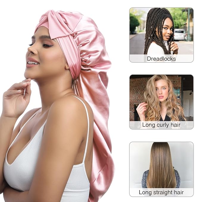 AWAYTR Long Satin Bonnet for Women - Double Layer Elastic Silk Bonnet for Braids Hair Sleeping Cap with Tie Band (Pink)