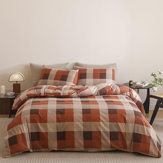 Cottonight Checkered Red Comforter Set Queen Men Gingham Grid Bedding Set Red and Khaki Grid Comforter Fluffy Soft Blanket Quilts Modern Cottagecore Comforter with 2 Pillowcases for Queen Bed