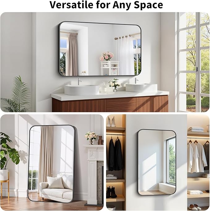 Koonmi Black Framed Bathroom Mirror - 30x50 Inch Shatterproof Tempered Glass Vanity Mirror for Bathroom Sink, Wall Mounted with Matte Aluminum Alloy Frame, No Distortion, Modern Decor
