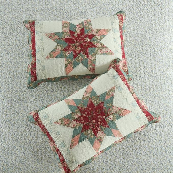 Cotton Bedspread Quilt Bedding Sets, 3 Pieces Reversible Coverlets Comforters Star with Red Floral Real Patchwork Bedspread, King Size