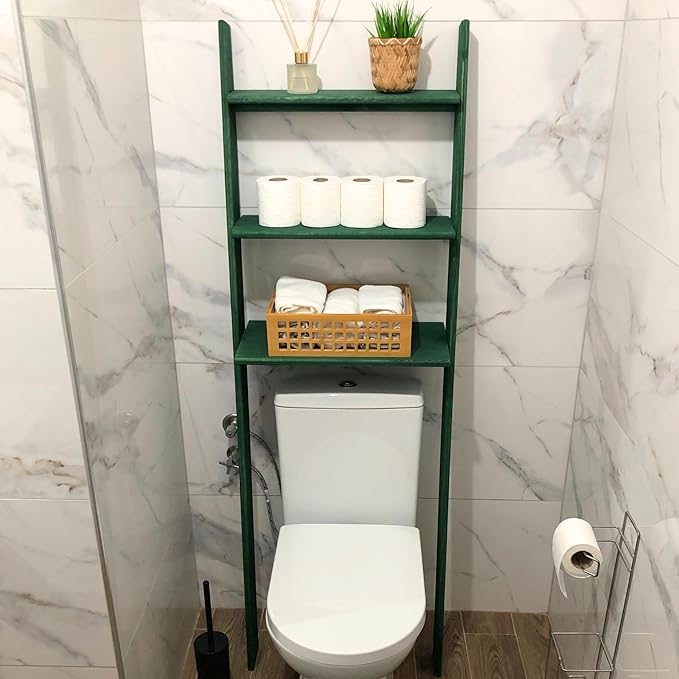 Over The Toilet Birch Wood Bathroom Organizer Shelves, 3-Tier Freestanding Above Toilet Storage Ladder Shelf, Standing Space Saver Behind Toilet Small Bathroom Organizer (Verde)