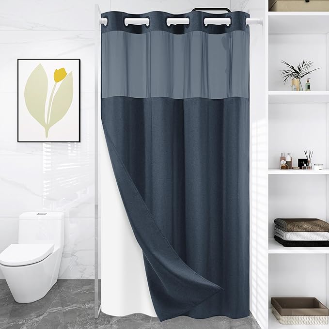 Small No Hook Shower Curtain with Snap in Liner, Polyester Textured Shower Curtain with Liner Set, Waterproof Washable Hotel Style Shower Curtains for Bathroom, 54Wx80H, Navy