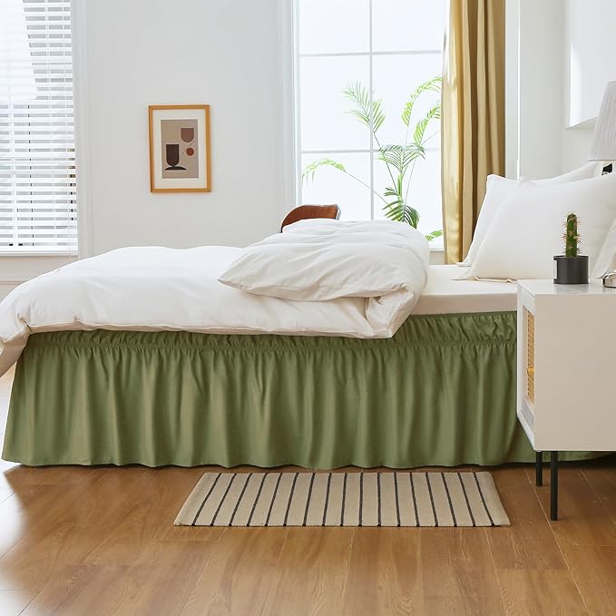 MEILA Queen Bed Skirt, Wrap Around Ruffle Bed Skit for Queen Beds with 16 inch Drop, Elastic Dust Ruffles Easy Fit Wrinkle & Fade Resistant, Sage