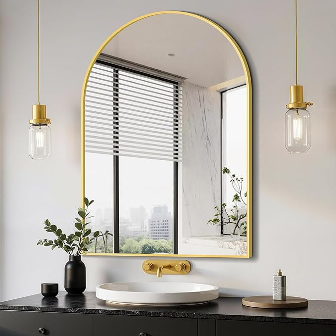 Delma Arched Bathroom Mirror, 28"x40" Wall Mounted Vanity Mirror for Bedroom, Living Room and Entryway, Gold