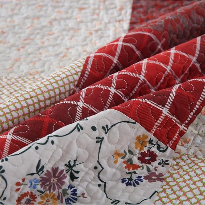 Cotton Bedspread Quilt Bedding Sets 3 Pieces Reversible Coverlet Sets Comforters Vintage Red White Rose Floral Patchwork Bedspread, King Size