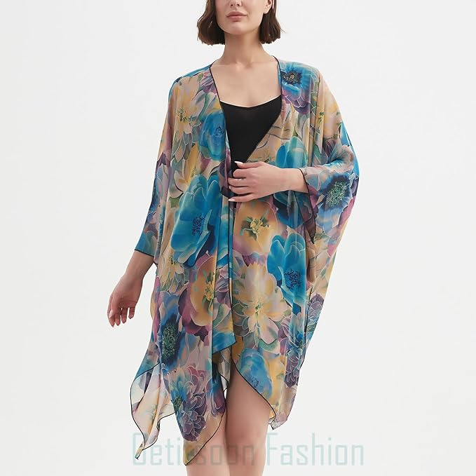 Women's Bohemian Floral Chiffon Beach Cover up Swimsuit Kimono Summer Swimwear Cardigans
