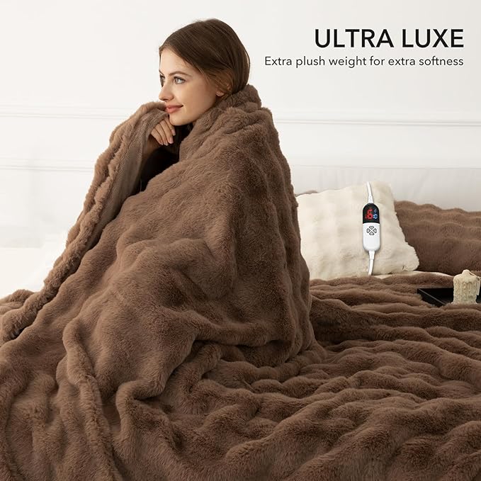 Faux Rabbit Fur Bubble Heated Blanket Twin Camel - Ultra Soft Cozy Luxury Electric Blanket with 6 Heating Levels & 10 Timer Settings, Machine Washable and Decor Gifts for Home (62" x 84")