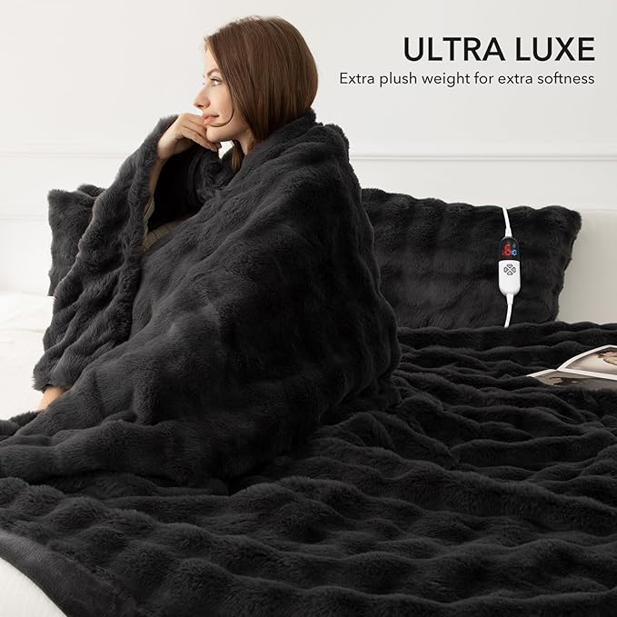 Faux Rabbit Fur Bubble Electric Blanket Twin Dark Grey - Ultra Soft Cozy Luxury Heated Blanket Twin with 6 Heating Levels & 10 Timer Settings, Washable and Decor Gifts for Home (62" x 84")