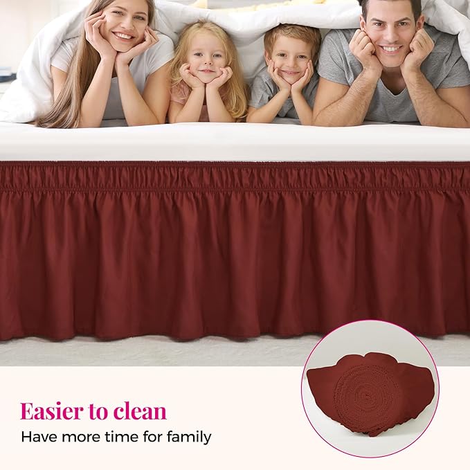 RIMELA Wine Red Bed Skirt Queen Size 15 Inch Drop, Elastic Bed Skirting for Bed Base and Frame, Bedding Dust Ruffle Easy to Install, Lightweight Wrap Around Adjustable Bedskirt