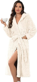 Ekouaer Womens Plush Robes Long Soft Jacquard Fluffy Bathrobe Hooded Robe Sleepwear with Pockets