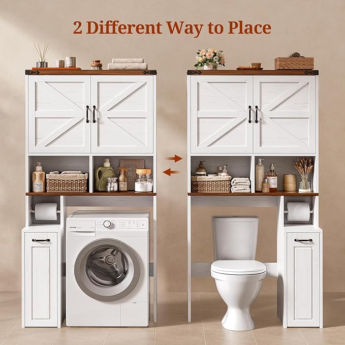 Farmhouse Over The Toilet Storage Cabinet with Pulley Small Bathroom Storage Cabinet, Space Saver W/Adjustable Shelf & Open Shelf for Bathroom, Restroom, Laundry (White Brown-Type B)